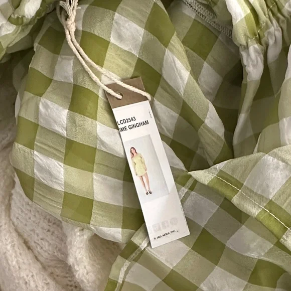 Smocked Gingham Mini Dress in Light Green and White - Picture 5 of 5